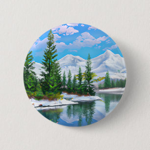 Watercolor Winter Snow Mountain Pine Trees Lake 2 Inch Round Button