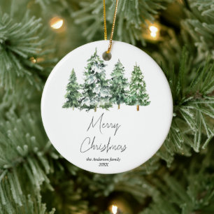 Watercolor Winter Snow Pine Trees Merry Christmas Ceramic Ornament