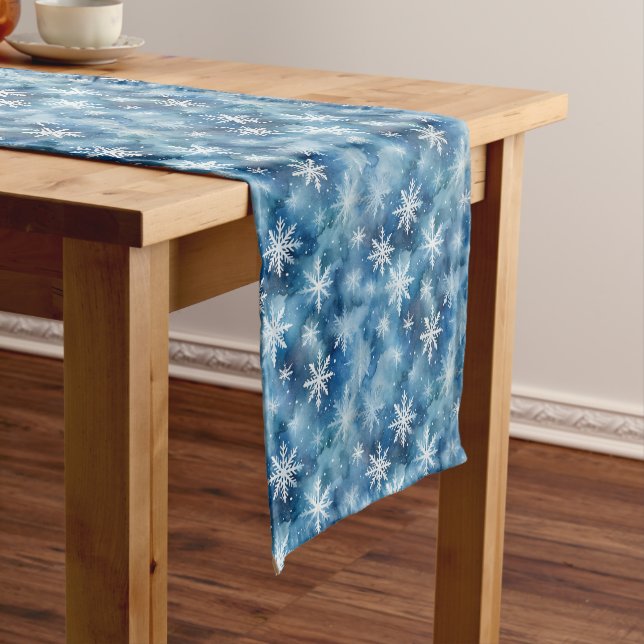 Watercolor winter snowflakes blue background  short table runner (In Situ)