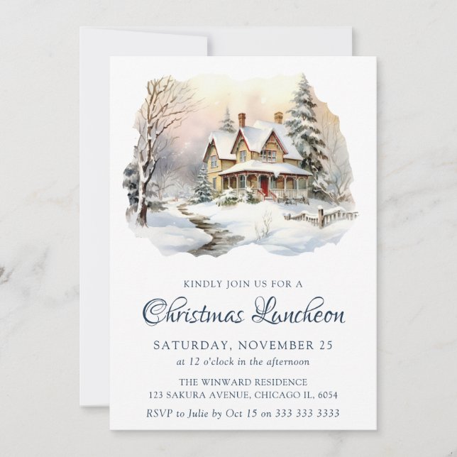 Watercolor Winter Snowy Scene Christmas Luncheon Invitation (Front)