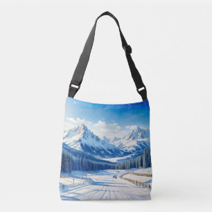 watercolor winter sports background snow covered  crossbody bag