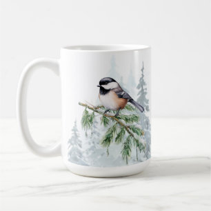 Watercolor Winter Spruce Tree Chickadee  Coffee Mug