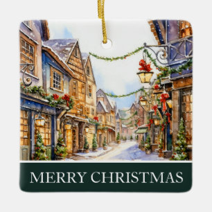 Watercolor Winter Street Scene Christmas Ceramic Ornament