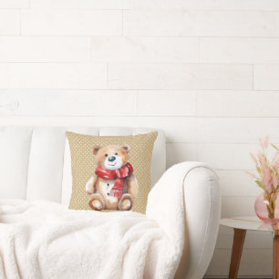 Watercolor Winter Teddy Bear On Polka Dots Throw Pillow
