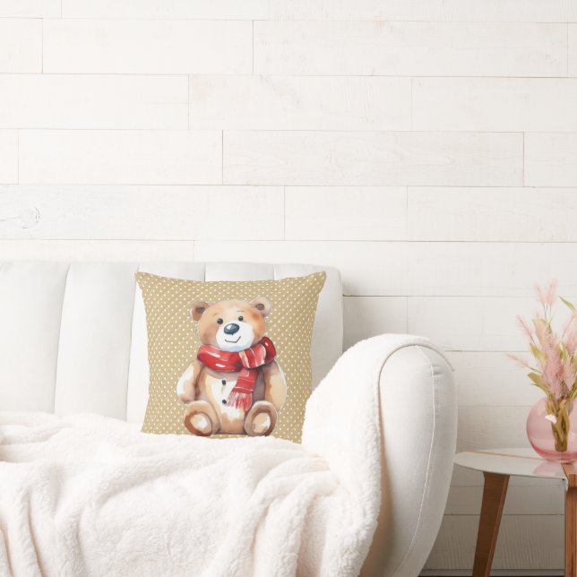 Watercolor Winter Teddy Bear On Polka Dots Throw Pillow (Couch)
