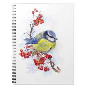 Watercolor winter titmouse bird illustration branc notebook