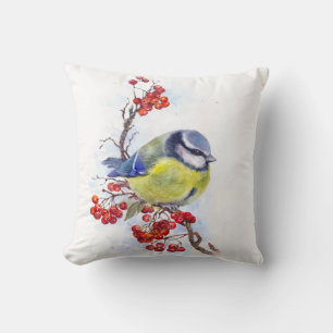Watercolor winter titmouse bird illustration branc throw pillow