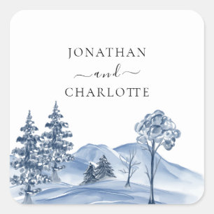 Watercolor Winter tree & Mountain lands Wedding Square Sticker