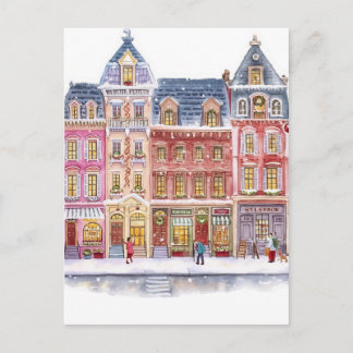 Watercolor Winter Village Christmas Town Holiday Postcard