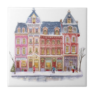 Watercolor Winter Village Christmas Town Tile