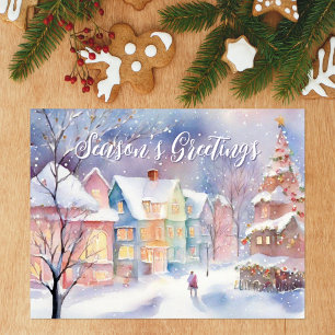 Watercolor Winter Village Season's Greetings Holiday Postcard