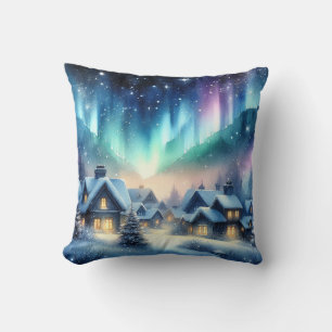 Watercolor Winter Village Snowy Christmas Throw Pillow