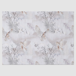 Watercolor Winter White Owl Snow Fox Pattern Tissue Paper