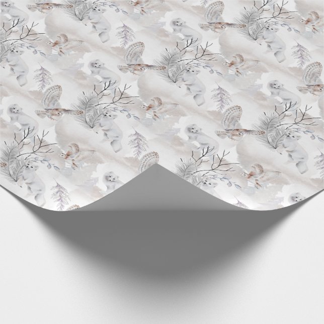 Watercolor Winter White Owl Snow Fox Pattern Wrapping Paper (Corner)