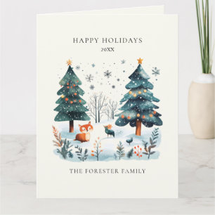 Watercolor Winter Woodland Happy Holidays Greeting Card