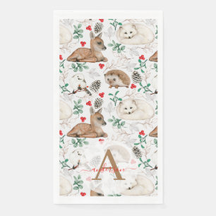 Watercolor Winter Woodland Monogrammed Christmas Napkin