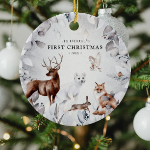 Watercolor Winter Woodland Wildlife 1st Christmas Ceramic Ornament