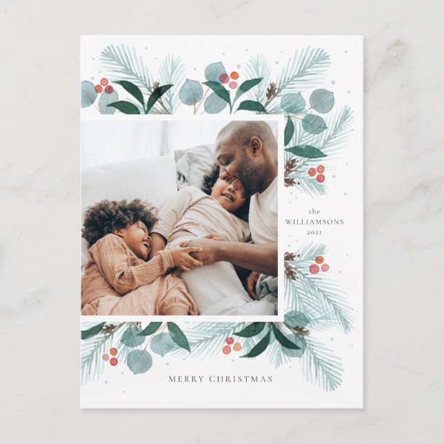 Watercolor Winter Wreath Flat Holiday Postcard (Front)
