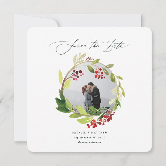 Watercolor winter wreath save the date thank you card (Front)