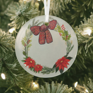 Watercolor Winter Wreath with Poinsettia and Bow G Glass Ornament