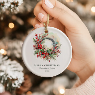 Watercolor Winter Wreath with Red Berrie Christmas Ceramic Ornament