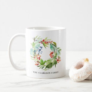 Watercolor Winterberry Holly and Juniper Christmas Coffee Mug