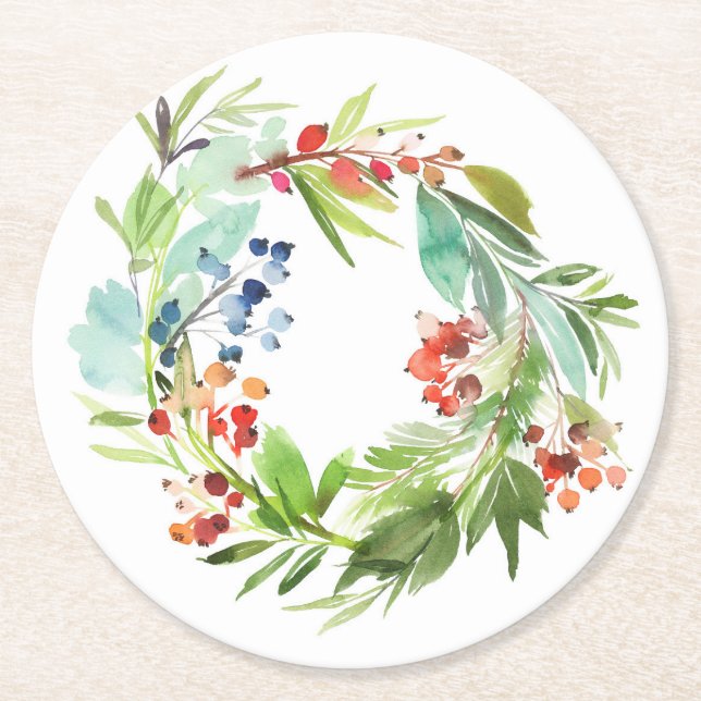 Watercolor Winterberry Holly and Juniper Christmas Round Paper Coaster (Front)