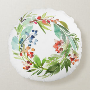 Watercolor Winterberry Holly and Juniper Christmas Round Pillow