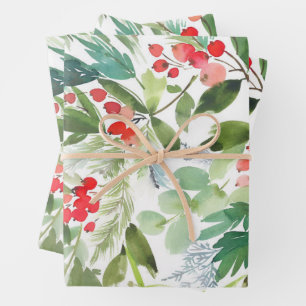 Watercolor Winterberry Holly Pattern Christmas Wrapping Paper Sheet