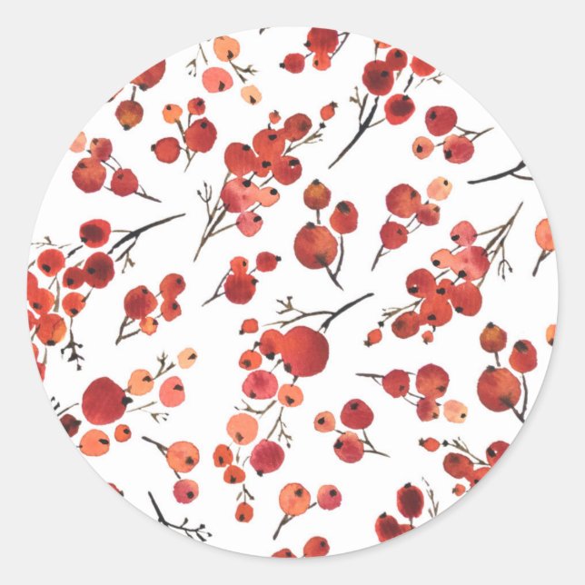 Watercolor Winterberry Pattern Christmas Classic Round Sticker (Front)