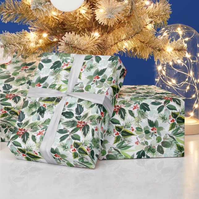Watercolor Winterberry Variegated Leaves Christmas Wrapping Paper (Holidays)