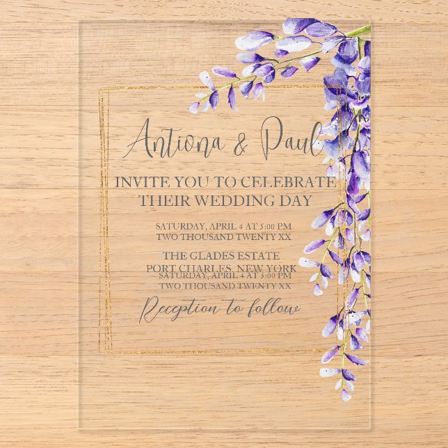 Watercolor Wisteria Blooms Wedding Acrylic Invitations (Front)