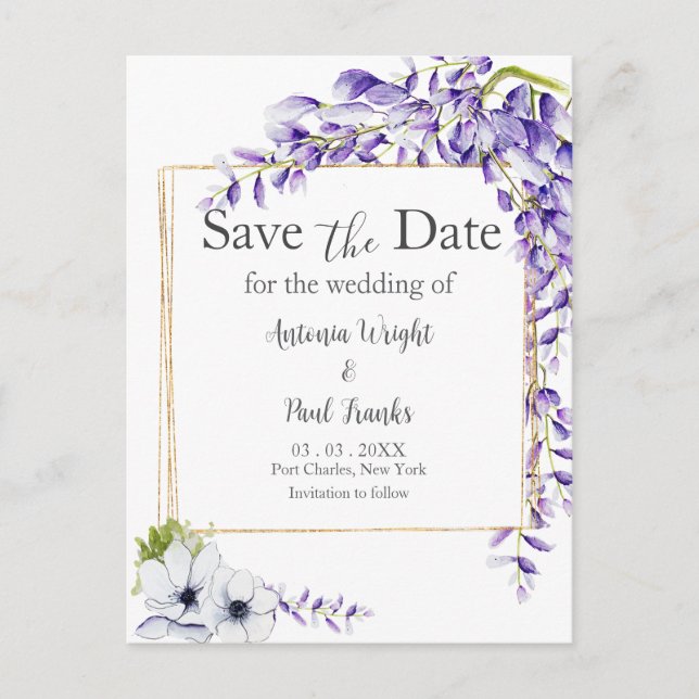 Watercolor Wisteria Blooms Wedding Save the Date Postcard (Front)