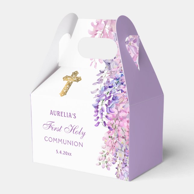 Watercolor Wisteria First Communion Gable Favor Box (Front Side)