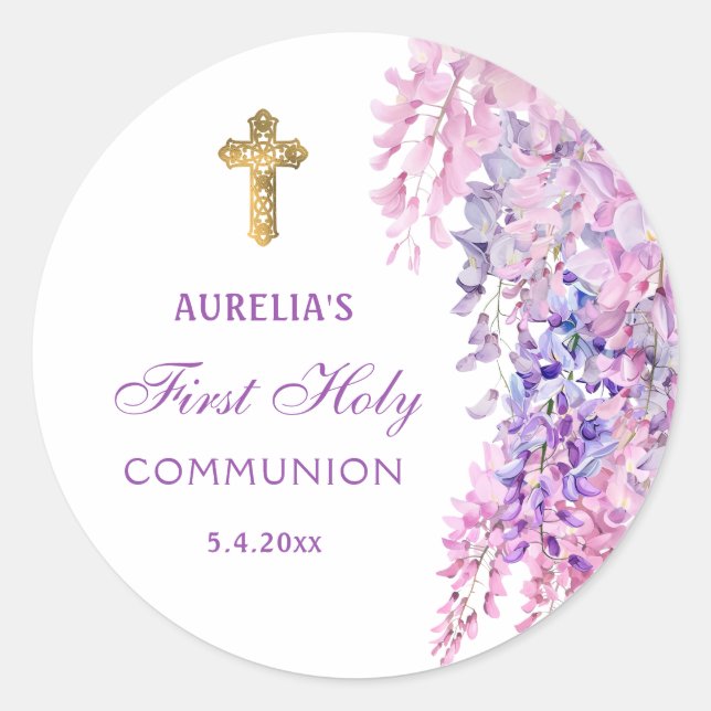 Watercolor Wisteria First Communion Round Sticker (Front)
