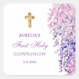 Watercolor Wisteria First Communion Square Sticker