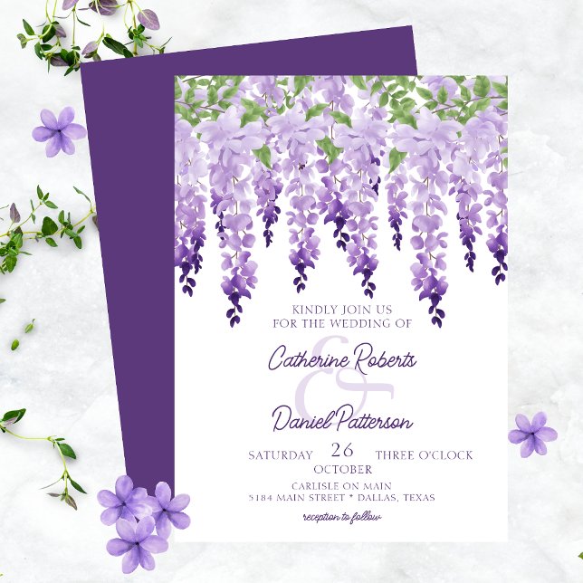 Watercolor Wisteria Floral Elegant Scipt Wedding Invitation (Creator Uploaded)