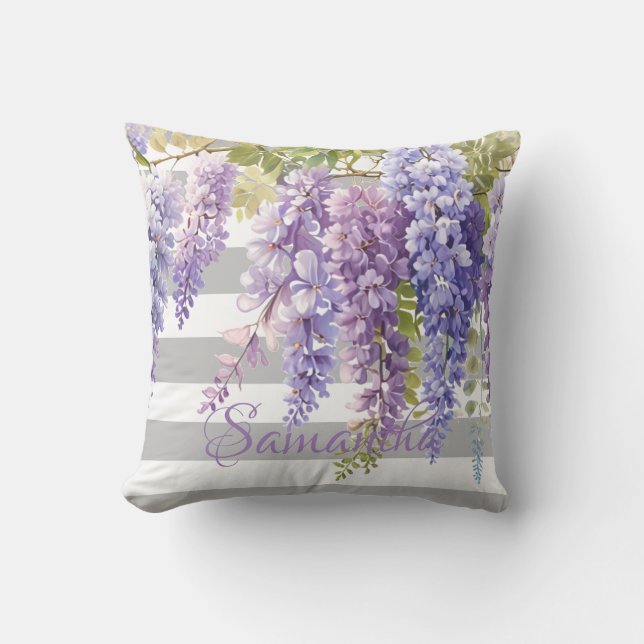 Watercolor wisteria floral grey stripped throw pillow (Front)
