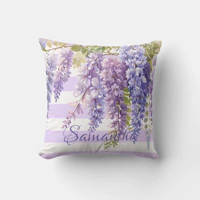 Watercolor wisteria floral purple stripped throw pillow (Front)