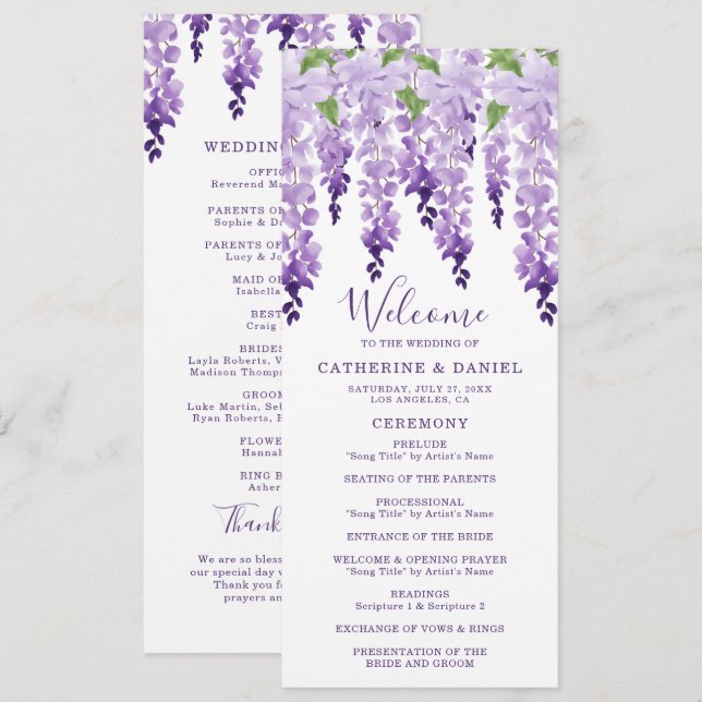 Watercolor Wisteria Purple Lilac Wedding Program (Front/Back)