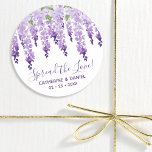 Watercolor Wisteria Wedding Spread The Love Script Classic Round Sticker<br><div class="desc">Watercolor Wisteria Wedding Spread The Love Script Favour Stickers features elegant watercolor wisteria flowers in soft lavender and purple with green leaves on a white background with your wedding thank message and the date below. On the reverse is a soft lilac. Personalize by editing the text in the text boxes....</div>