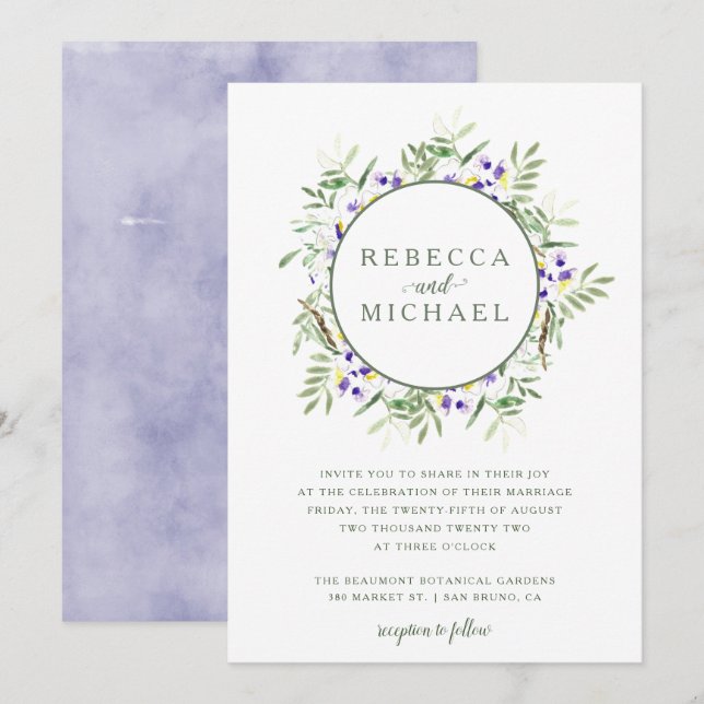 Watercolor Wisteria Wreath Wedding Invitation (Front/Back)