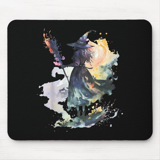 Watercolor Witch Halloween Fall Autumn Art Paintin Mouse Pad (Front)