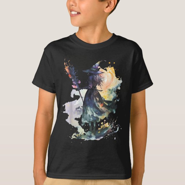 Watercolor Witch Halloween Fall Autumn Art Paintin T-Shirt (Front)