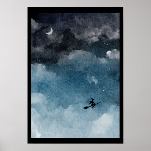 Watercolor witch on a dark night sky  poster