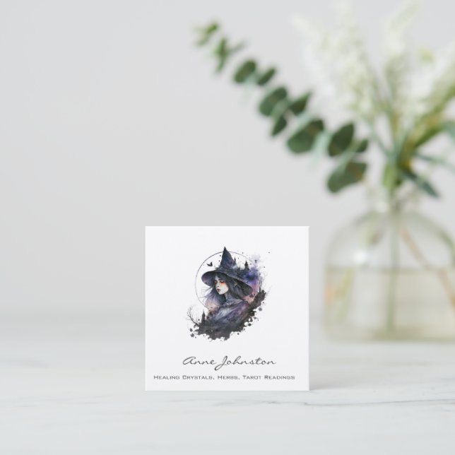 Watercolor Witch Square Business Card (Standing Front)
