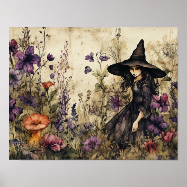 Watercolor Witch With Flowers Poster (Front)