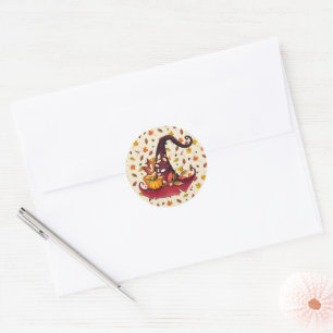 Watercolor Witches Hat and Fall Leaves   Classic Round Sticker