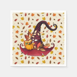 Watercolor Witches Hat and Fall Leaves  Paper  Napkin