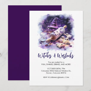 Watercolor Witch's hat with rolling pin, Halloween Invitation